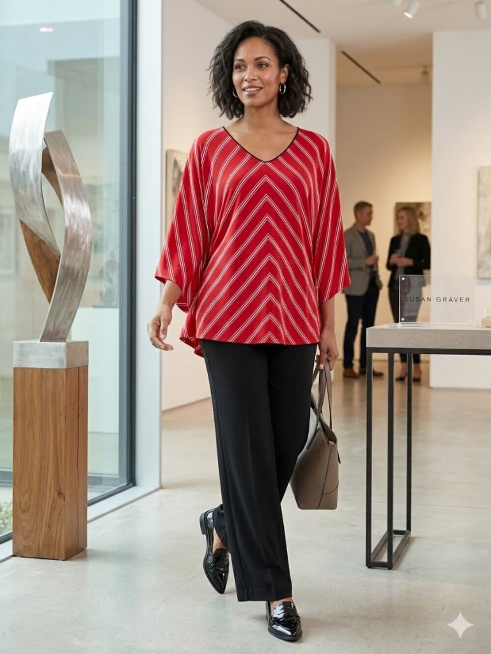 Susan Graver Women SZ XL Oversized Flare Sleeve Red Striped V-Neck Blouse Casual